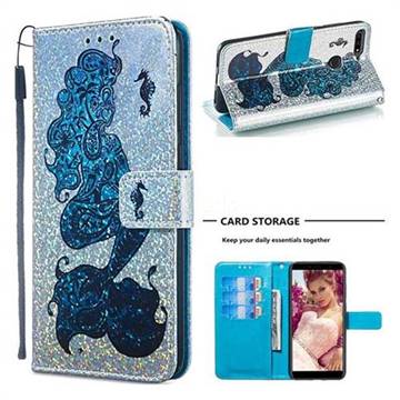 Mermaid Seahorse Sequins Painted Leather Wallet Case for Huawei Enjoy 8E