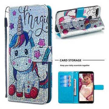 Star Unicorn Sequins Painted Leather Wallet Case for Huawei Enjoy 8E