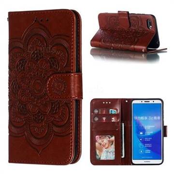 Intricate Embossing Datura Solar Leather Wallet Case for Huawei Enjoy 8E - Brown