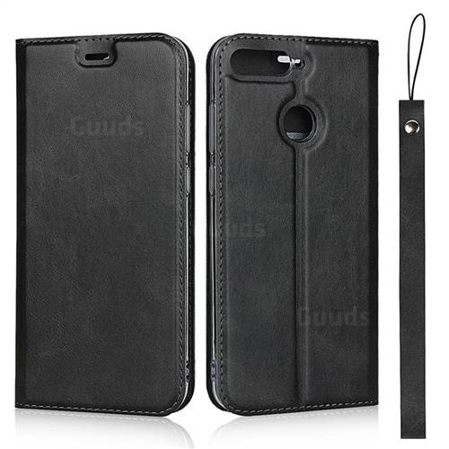 Calf Pattern Magnetic Automatic Suction Leather Wallet Case for Huawei Enjoy 8E - Black
