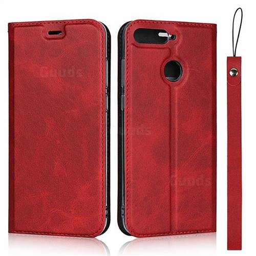 Calf Pattern Magnetic Automatic Suction Leather Wallet Case for Huawei Enjoy 8E - Red