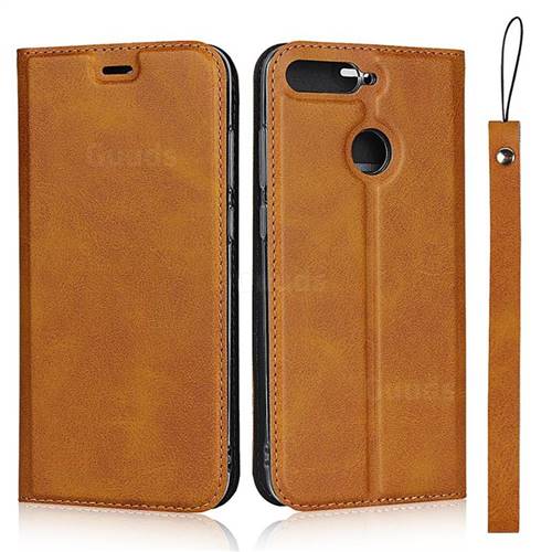 Calf Pattern Magnetic Automatic Suction Leather Wallet Case for Huawei Enjoy 8E - Brown