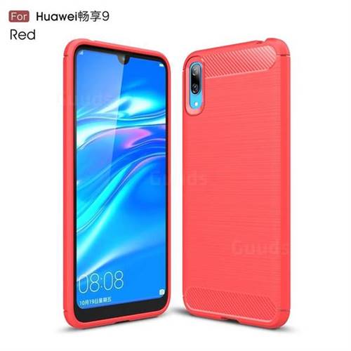 Luxury Carbon Fiber Brushed Wire Drawing Silicone TPU Back Cover for Huawei Enjoy 9 - Red