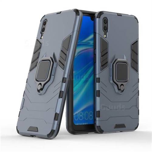 Black Panther Armor Metal Ring Grip Shockproof Dual Layer Rugged Hard Cover for Huawei Enjoy 9 - Blue