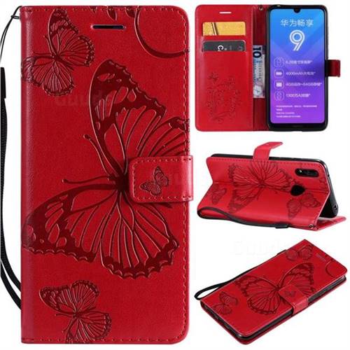 Embossing 3D Butterfly Leather Wallet Case for Huawei Enjoy 9 - Red