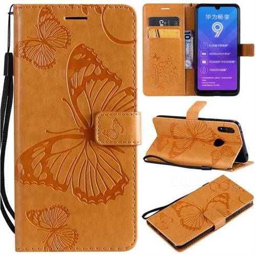 Embossing 3D Butterfly Leather Wallet Case for Huawei Enjoy 9 - Yellow