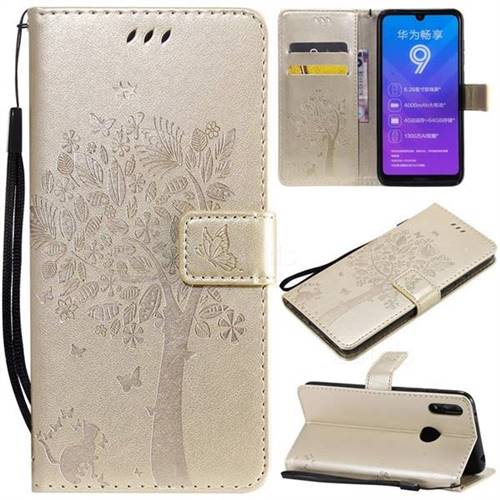 Embossing Butterfly Tree Leather Wallet Case for Huawei Enjoy 9 - Champagne