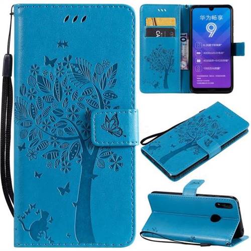 Embossing Butterfly Tree Leather Wallet Case for Huawei Enjoy 9 - Blue