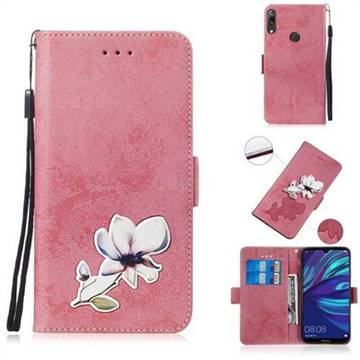 Retro Leather Phone Wallet Case with Aluminum Alloy Patch for Huawei Enjoy 9 - Pink