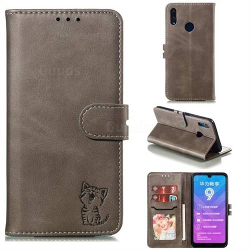 Embossing Happy Cat Leather Wallet Case for Huawei Enjoy 9 - Gray