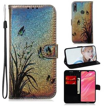 Butterfly Orchid Laser Shining Leather Wallet Phone Case for Huawei Enjoy 9