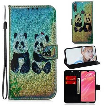 Two Pandas Laser Shining Leather Wallet Phone Case for Huawei Enjoy 9