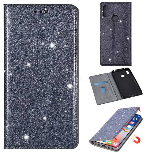 Ultra Slim Glitter Powder Magnetic Automatic Suction Leather Wallet Case for Huawei Enjoy 9 - Gray