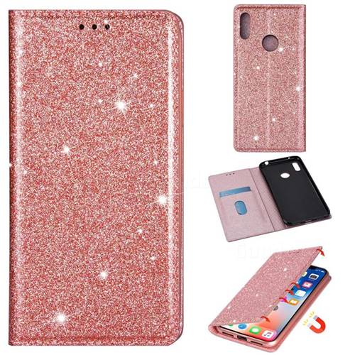 Ultra Slim Glitter Powder Magnetic Automatic Suction Leather Wallet Case for Huawei Enjoy 9 - Rose Gold