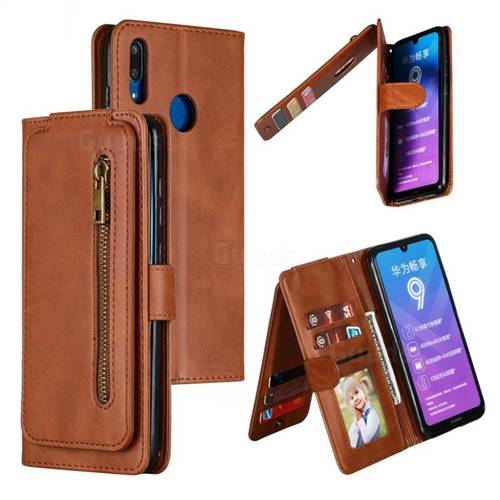 Multifunction 9 Cards Leather Zipper Wallet Phone Case for Huawei Enjoy 9 - Brown