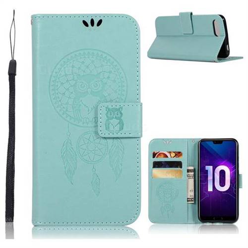 Intricate Embossing Owl Campanula Leather Wallet Case for Huawei Honor 10 - Green