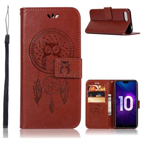 Intricate Embossing Owl Campanula Leather Wallet Case for Huawei Honor 10 - Brown