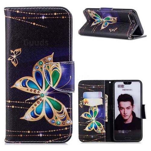 Golden Shining Butterfly Leather Wallet Case for Huawei Honor 10