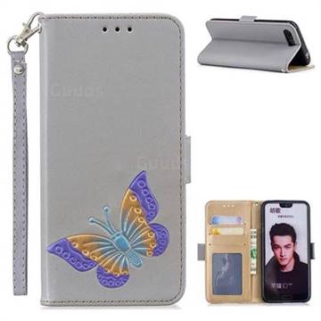 Imprint Embossing Butterfly Leather Wallet Case for Huawei Honor 10 - Grey