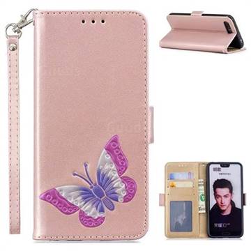 Imprint Embossing Butterfly Leather Wallet Case for Huawei Honor 10 - Rose Gold