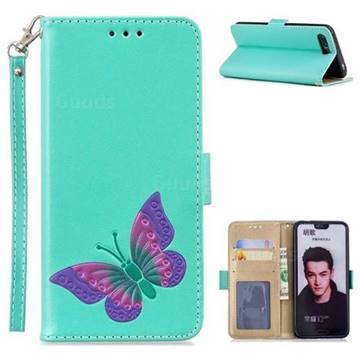 Imprint Embossing Butterfly Leather Wallet Case for Huawei Honor 10 - Mint Green