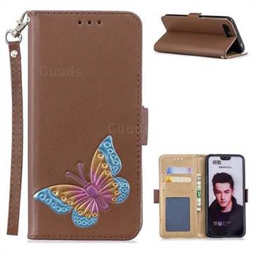 Imprint Embossing Butterfly Leather Wallet Case for Huawei Honor 10 - Brown