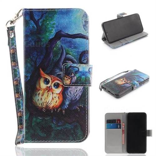Oil Painting Owl Hand Strap Leather Wallet Case for Huawei Honor 10