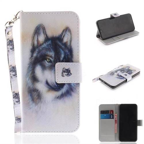 Snow Wolf Hand Strap Leather Wallet Case for Huawei Honor 10