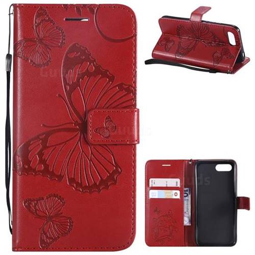 Embossing 3D Butterfly Leather Wallet Case for Huawei Honor 10 - Red