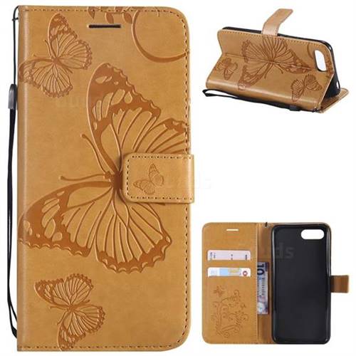 Embossing 3D Butterfly Leather Wallet Case for Huawei Honor 10 - Yellow