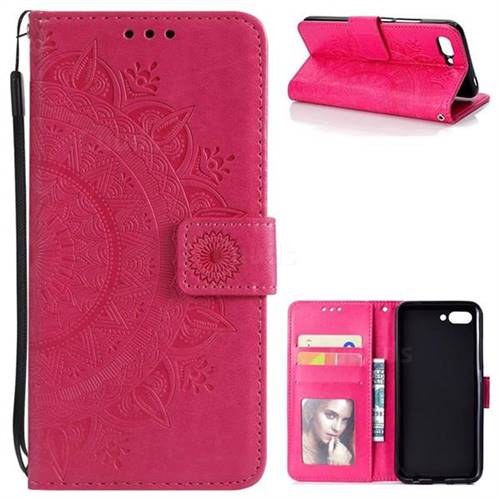 Intricate Embossing Datura Leather Wallet Case for Huawei Honor 10 - Rose Red