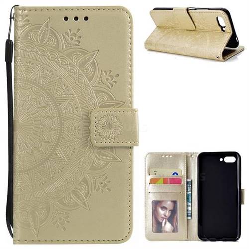 Intricate Embossing Datura Leather Wallet Case for Huawei Honor 10 - Golden