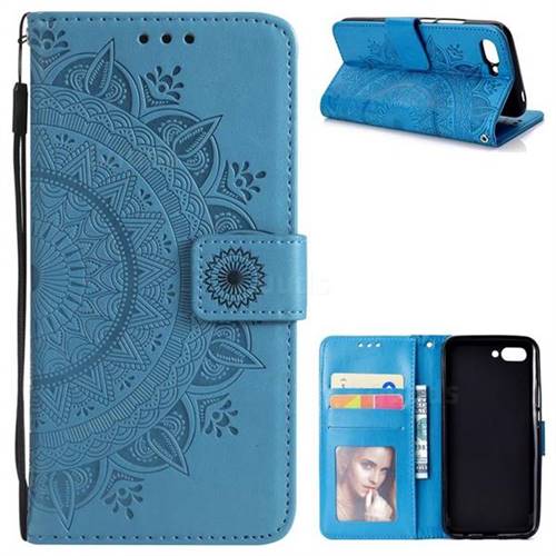 Intricate Embossing Datura Leather Wallet Case for Huawei Honor 10 - Blue