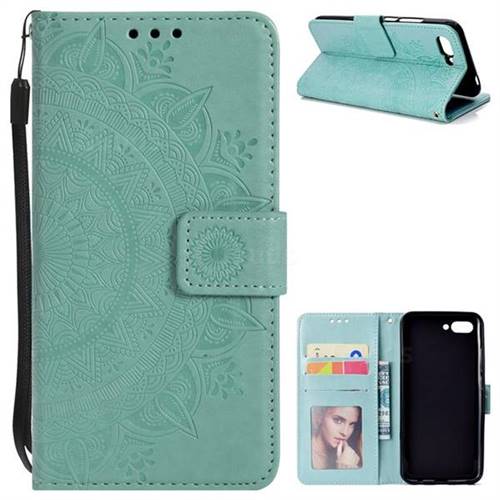 Intricate Embossing Datura Leather Wallet Case for Huawei Honor 10 - Mint Green