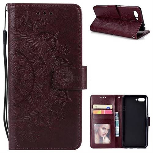 Intricate Embossing Datura Leather Wallet Case for Huawei Honor 10 - Brown