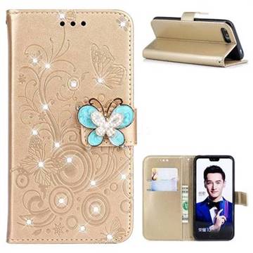 Embossing Butterfly Circle Rhinestone Leather Wallet Case for Huawei Honor 10 - Champagne