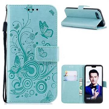 Intricate Embossing Butterfly Circle Leather Wallet Case for Huawei Honor 10 - Cyan