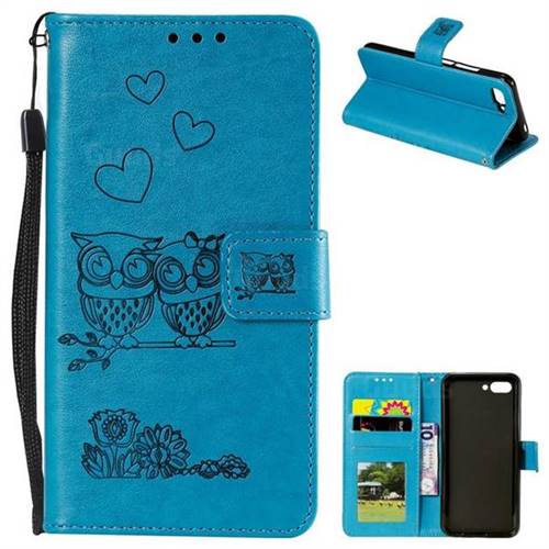 Embossing Owl Couple Flower Leather Wallet Case for Huawei Honor 10 - Blue