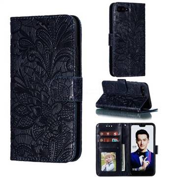 Intricate Embossing Lace Jasmine Flower Leather Wallet Case for Huawei Honor 10 - Dark Blue