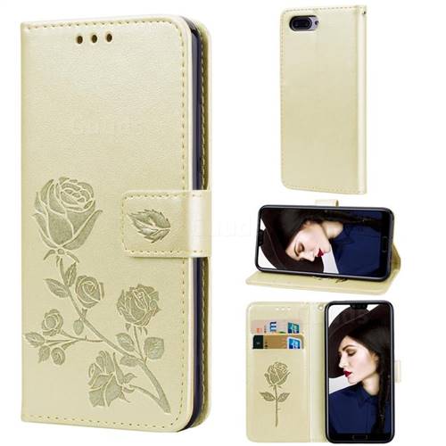 Embossing Rose Flower Leather Wallet Case for Huawei Honor 10 - Golden