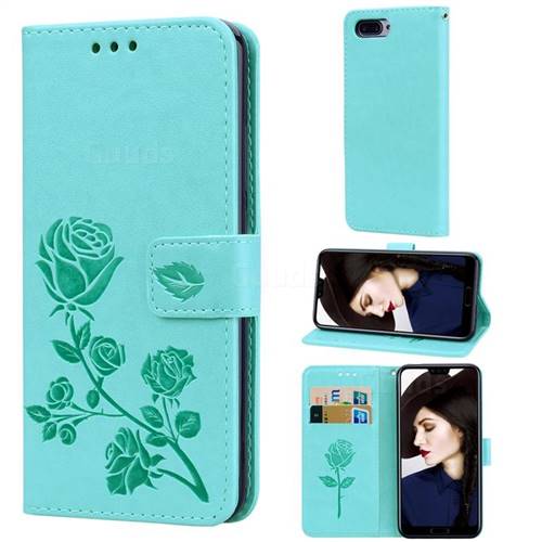 Embossing Rose Flower Leather Wallet Case for Huawei Honor 10 - Green