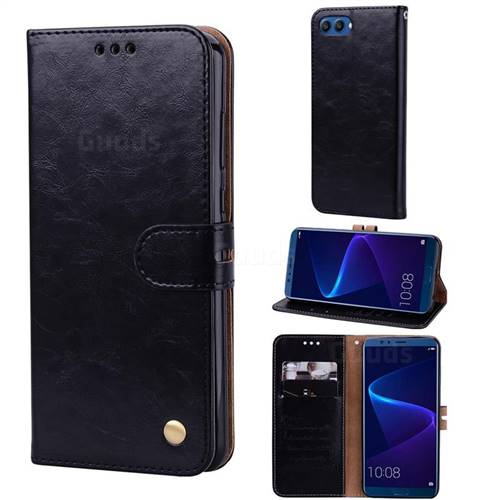 Luxury Retro Oil Wax PU Leather Wallet Phone Case for Huawei Honor 10 - Deep Black