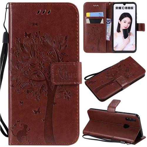 Embossing Butterfly Tree Leather Wallet Case for Huawei Honor 10 Lite - Coffee