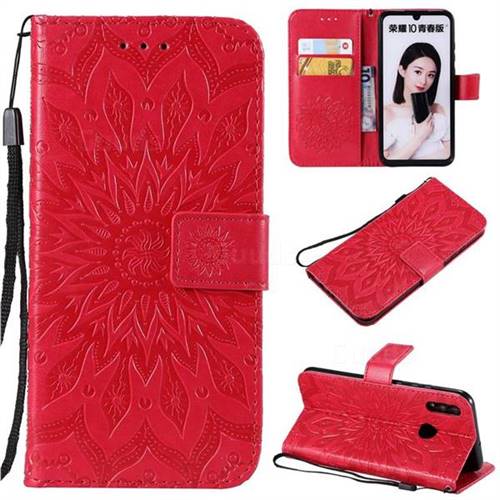 Embossing Sunflower Leather Wallet Case for Huawei Honor 10 Lite - Red