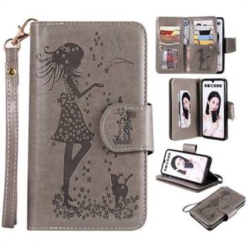 Embossing Cat Girl 9 Card Leather Wallet Case for Huawei Honor 10 Lite - Gray
