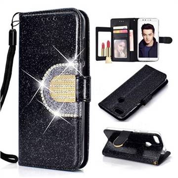 Glitter Diamond Buckle Splice Mirror Leather Wallet Phone Case for Huawei Honor 10 Lite - Black