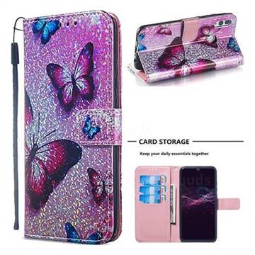 Blue Butterfly Sequins Painted Leather Wallet Case for Huawei Honor 10 Lite
