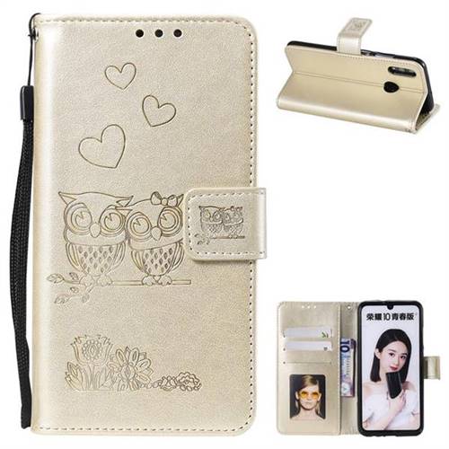 Embossing Owl Couple Flower Leather Wallet Case for Huawei Honor 10 Lite - Golden