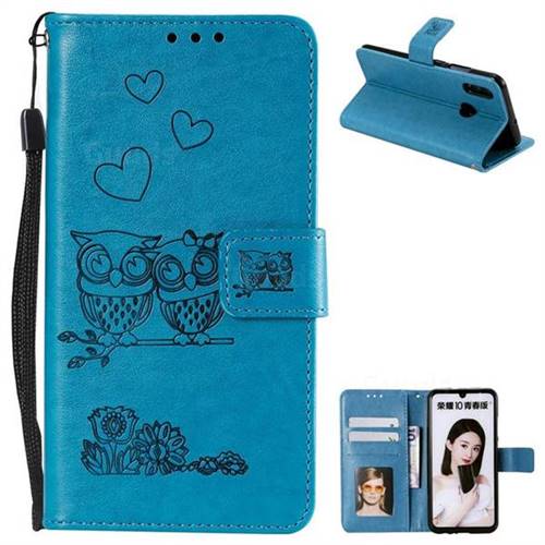 Embossing Owl Couple Flower Leather Wallet Case for Huawei Honor 10 Lite - Blue