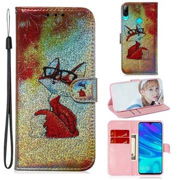 Glasses Fox Laser Shining Leather Wallet Phone Case for Huawei Honor 10 Lite